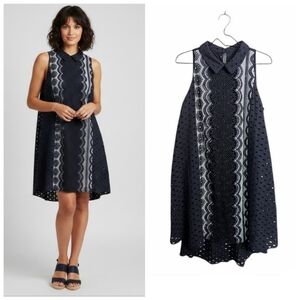 Eva By Eva Franco Navy Eyelet Embroidered Swing Dress Collared Sleeveless 12